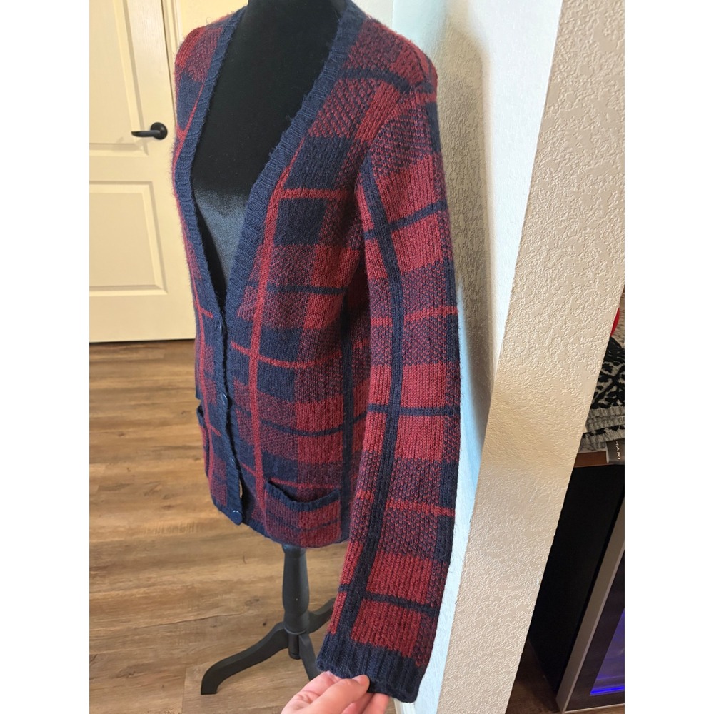 Abercrombie & Fitch Plaid Cardigan Sweater Navy Burgundy Longline Small NWT - Picture 3 of 5